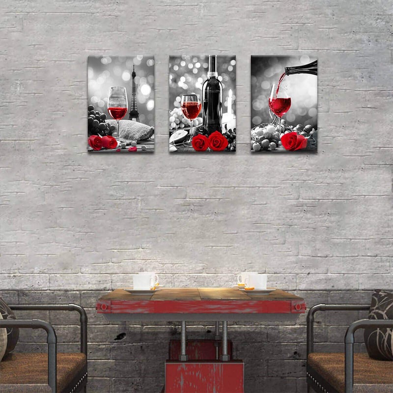 KAKEMONO Wine Decor Kitchen Canvas Art Red Wine Rose Artwork for Home Walls Black and White With Red Wine Painting Printed Rose Art Dining Room Decor Red Kitchen Pictures Wall Decor Stretched 16x24inchx3 - Image 3